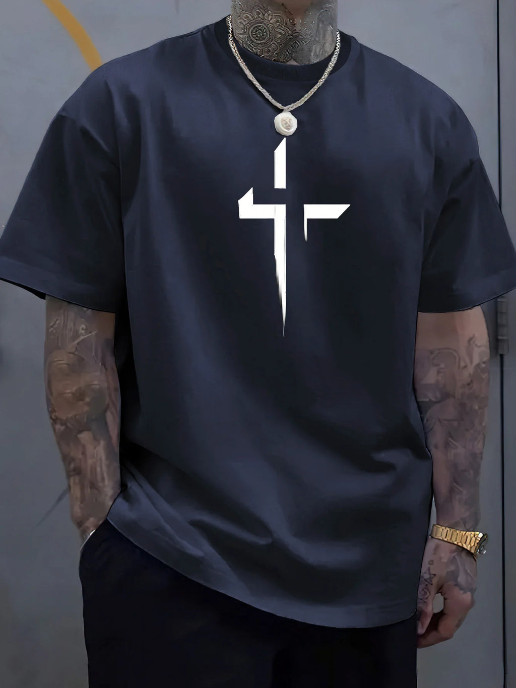 T-Shirt Homme 100% Coton Pur Imprimé Croix Créatif Loose Grande Taille Col Rond Manches Courtes Sport Casual Été Confortable | Mode Homme Tendance