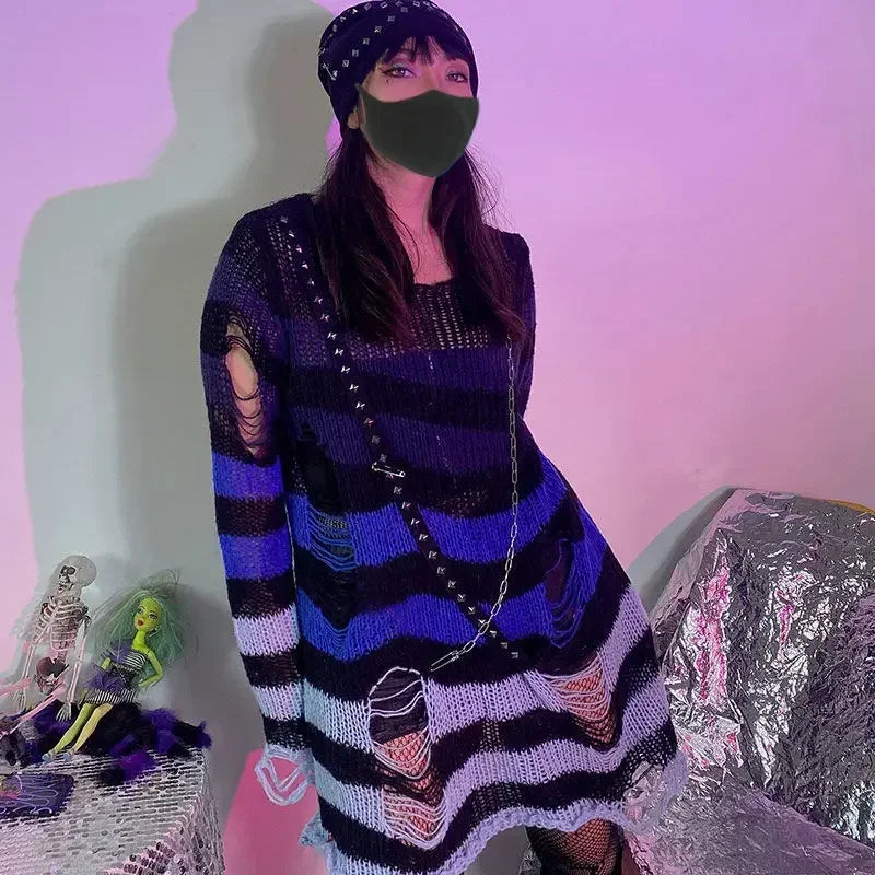Gothic Damen Strickpullover Lila Streifen Zerrissen Ausgefranst – Fairy Grunge Lolita Emo Streetwear Stil