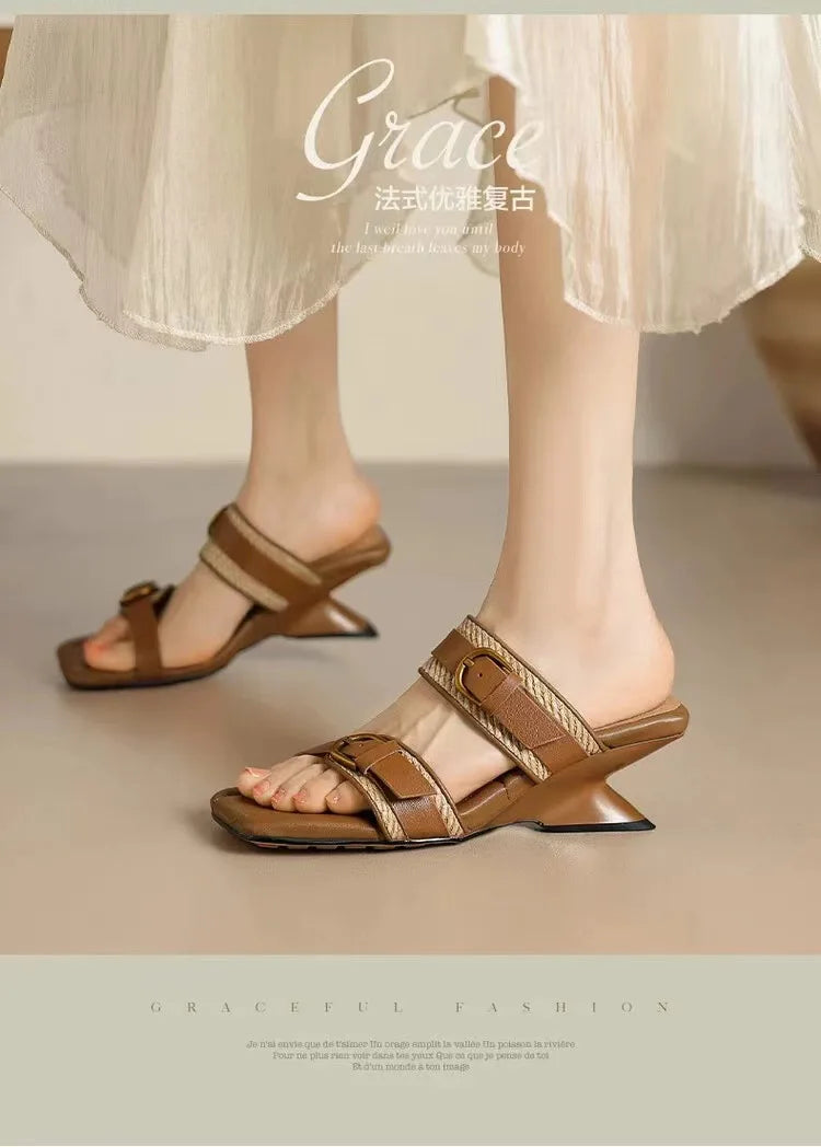 Wedges Vintage Tressé Bout Carré Femme – Boucle Ceinture Bout Ouvert Talon Haut Été