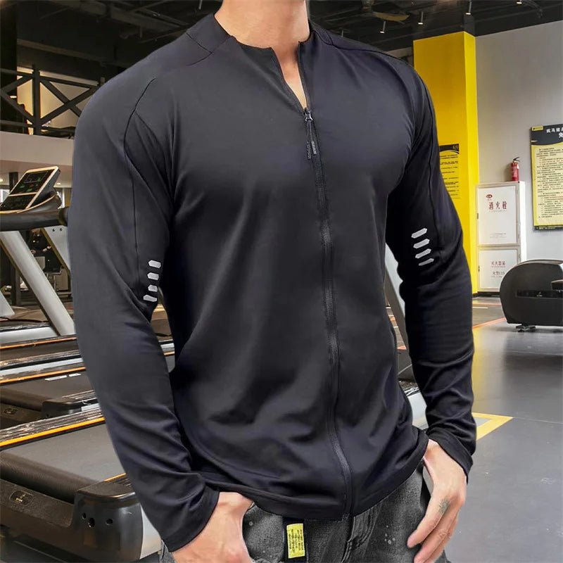 T-Shirt Zippé Homme Manches Longues – Jogging Gym Fitness Training Casual Sport