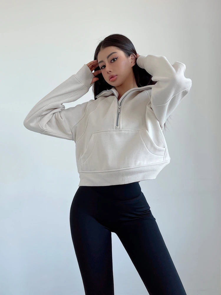 Sweat Femme Oversize Zip Polaire – Hoodie Streetwear Chaud Casual Rose Blanc