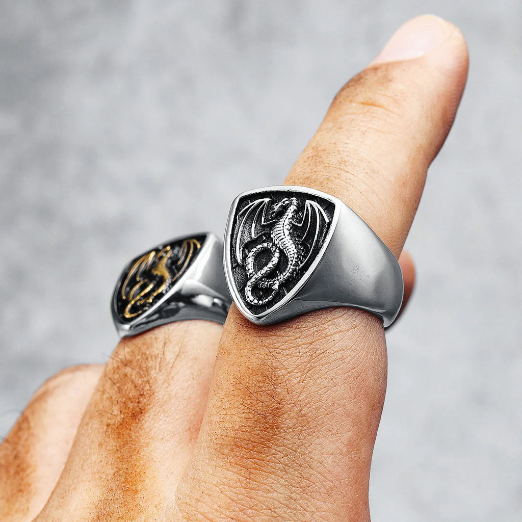 Bague Dragon Bouclier Acier 316L Homme — Style Rock Punk Viking Biker Retro
