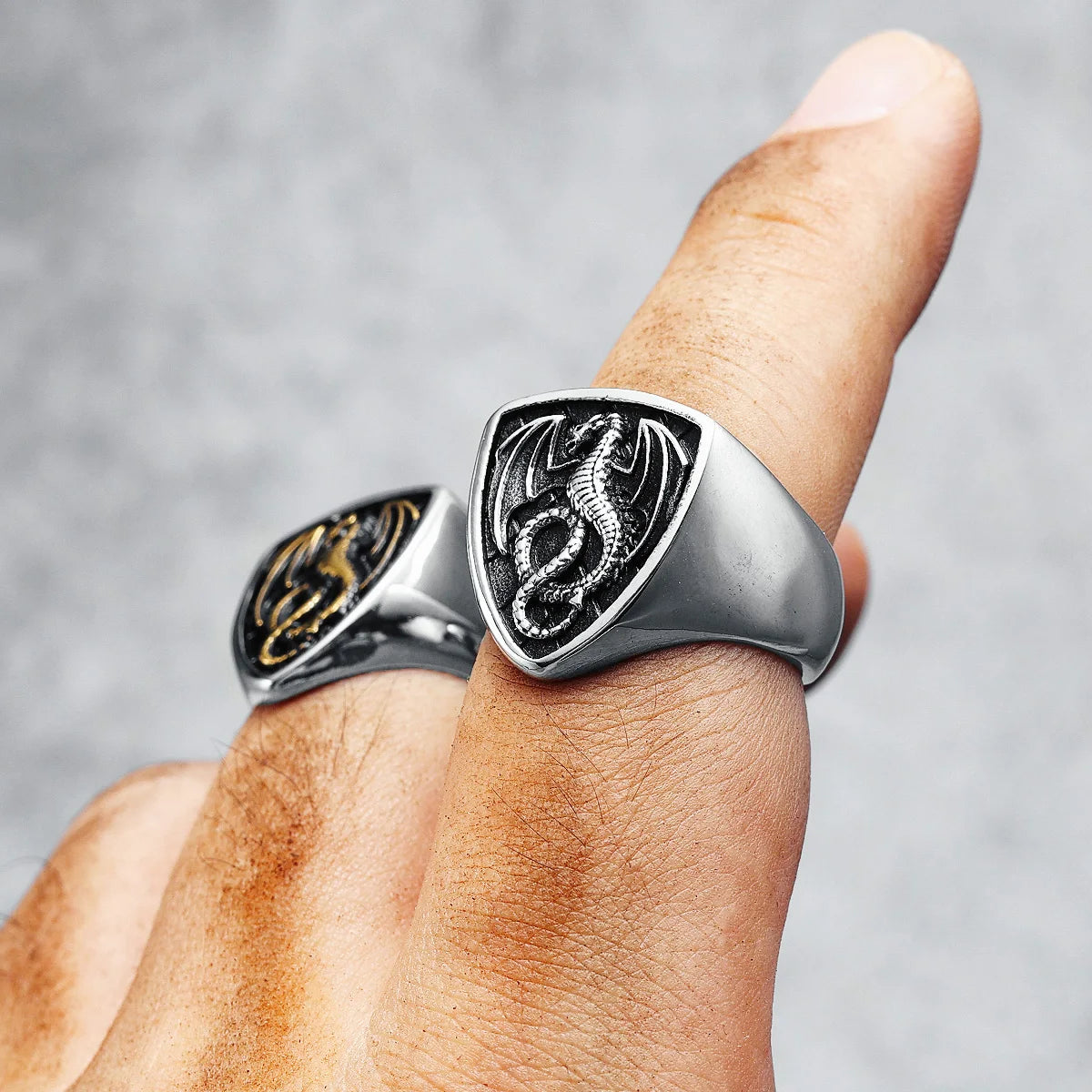 Bague Dragon Bouclier Acier 316L Homme — Style Rock Punk Viking Biker Retro