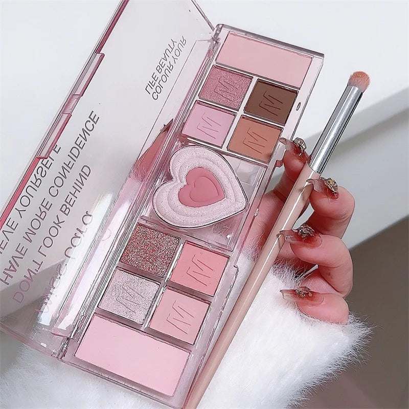 Palette Fards À Paupières 12 Couleurs Coeur Rose – Tons Froids Mat & Brun | Maquillage Coréen Naturel
