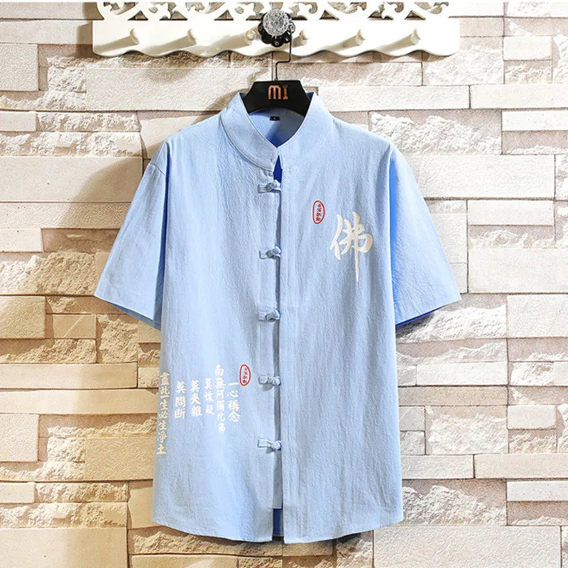 Chemise Style Chinois Homme Tang Suit Lin 2023 – Kung Fu Hanfu Manches 3/4 Grande Taille 4XL 5XL