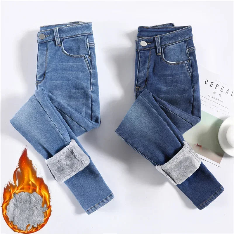 Jean Femme Thermique Skinny Taille Haute Chaud Polaire Stretch Denim – Pantalon Crayon Hiver Neige Confortable | Mode