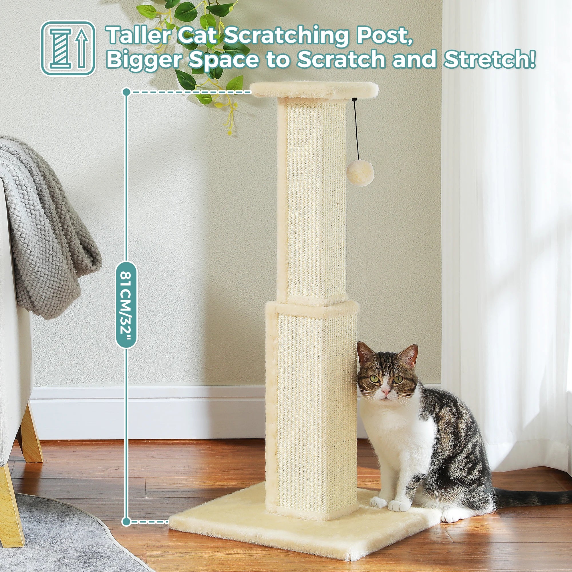 Grand Griffoir Chat Sisal Tressé – Balle Suspendue, Haute Colonne, Jouet & Grattoir pour Chats d'Intérieur Adultes