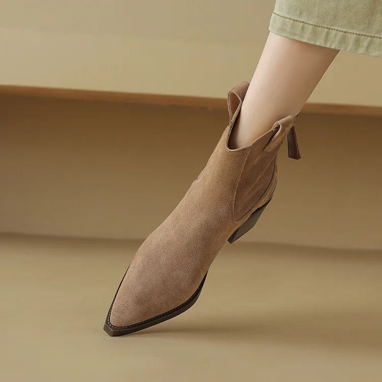 Bottes Suède Vache Chunky Heel Western Femme – Bout Pointu Noir Zip Concis Automne