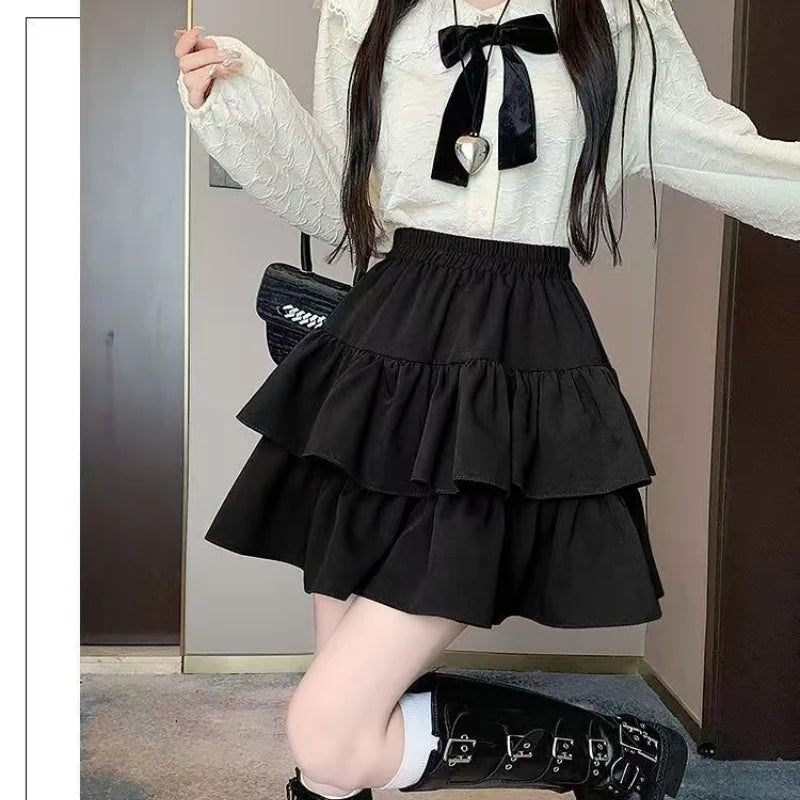 Mini Jupe Femme Balletcore Taille Haute Élastique Volantée Patchwork Lolita Style Coréen Kawaii Y2K – Jupe Courte Douce Sexy | Mode