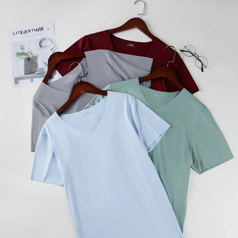 T-Shirt Sous-Vêtement Homme Soie de Glace Col V Sans Couture Slim Respirant Léger Grande Taille – Maillot de Corps Fin Confortable | Mode Homme Essentiel