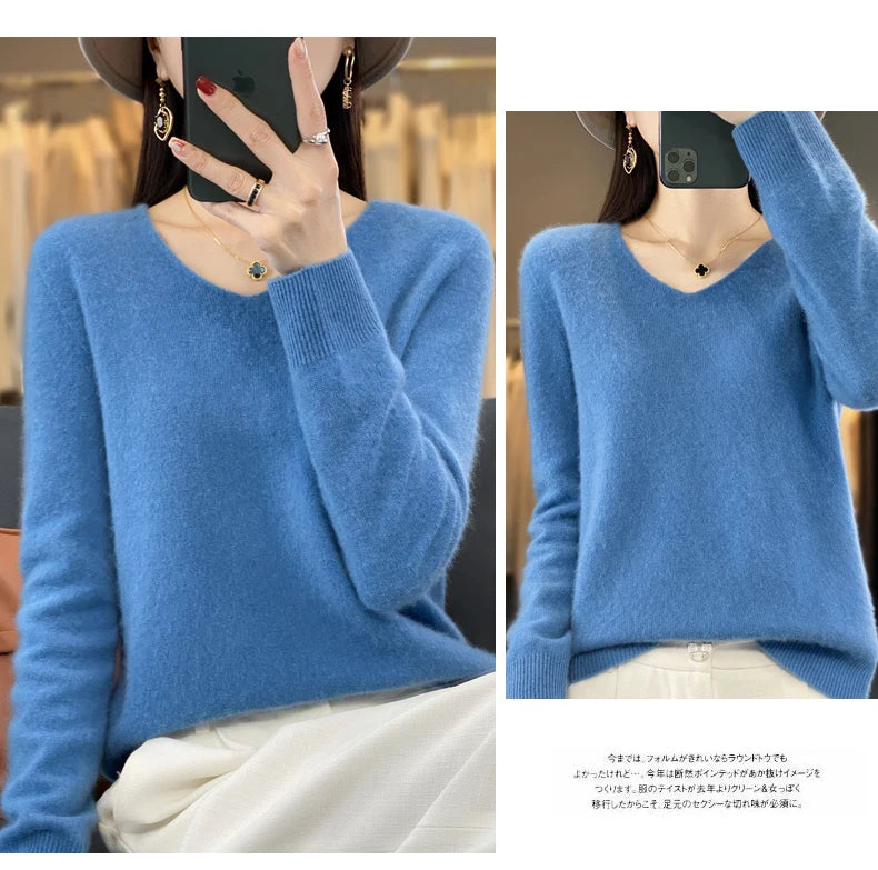 Kaschmirpullover 100% Wolle V-Ausschnitt Damen - Strick Casual Korean Fashion Herbst Winter