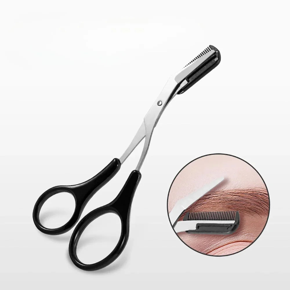 Ciseaux Sourcils Inox avec Peigne Intégré – Taille Précise & Sourcils Parfaits | Rose, Blanc & Noir | Outil Beauté Grooming