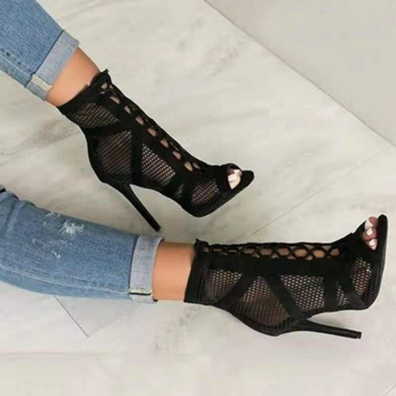 Sandales Mesh Cross Strap Peep Toe Talon Haut – Sexy Noir Dentelle Lacets Pumps Casual
