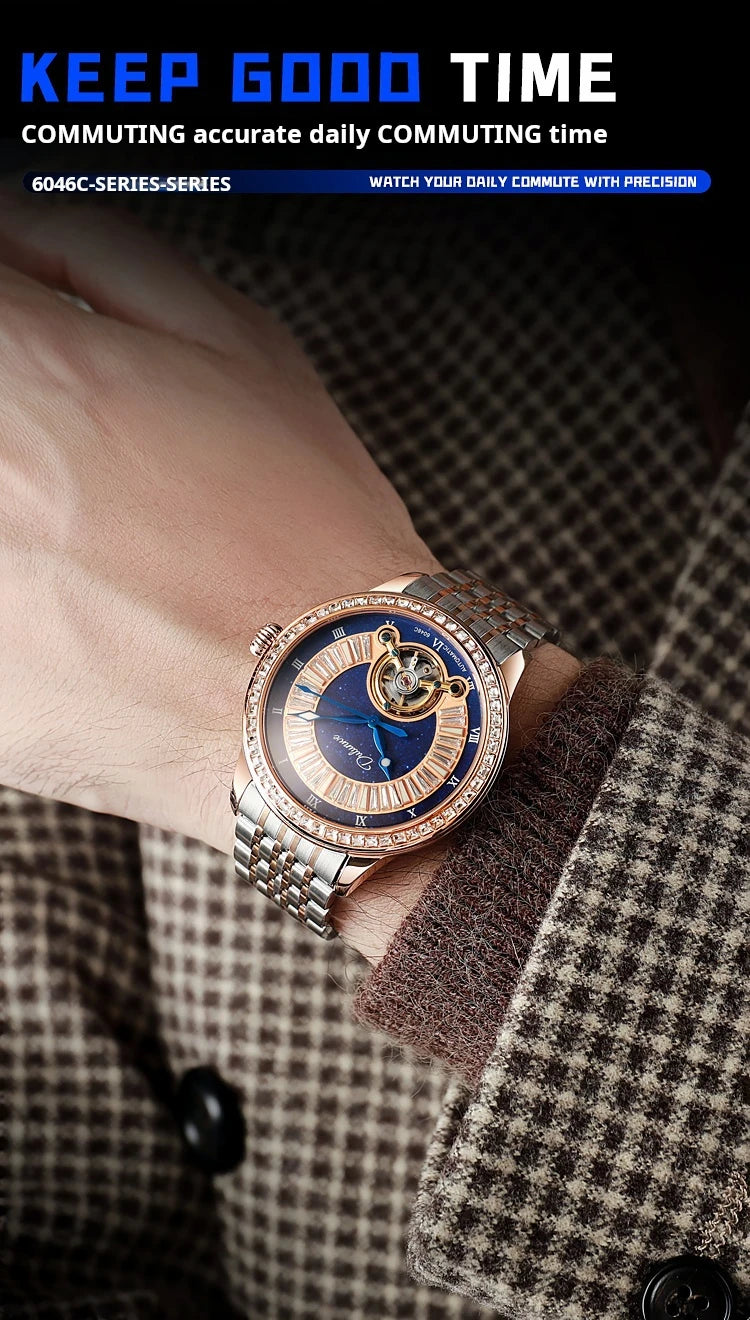 Montre Homme Tourbillon Automatique Mécanique – Cadran Strass Lumineux Sport Étanche Acier