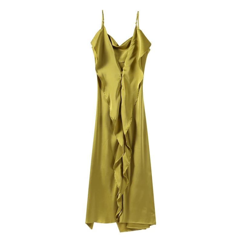 Robe Maxi Satin Femme Volantée Bretelles Fente Latérale Dos Nu Sans Manches Sexy – Longue Élégante Soirée Club | Glamour 2025