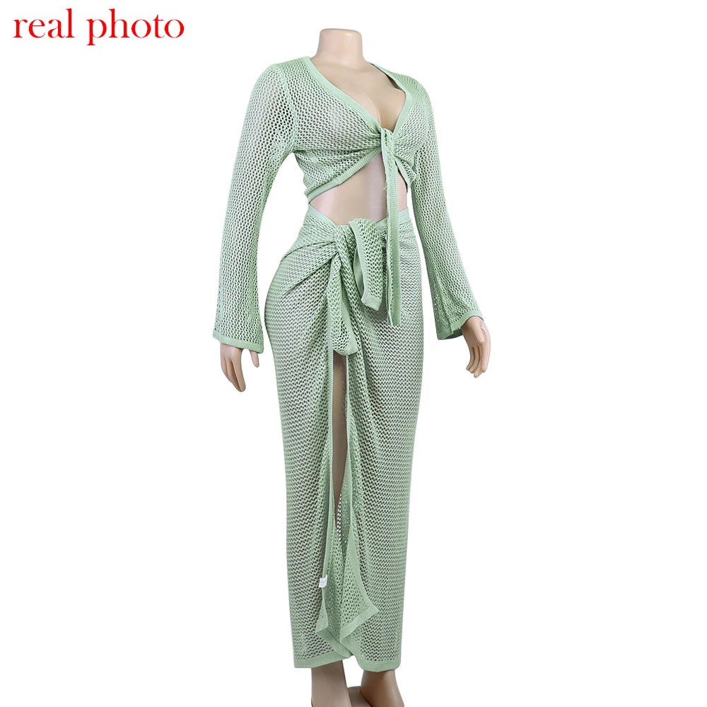 Ensemble 2 Pièces Tricoté Ajouré Femme – Top + Jupe Portefeuille Fente Élégante | Été Plage Vacances