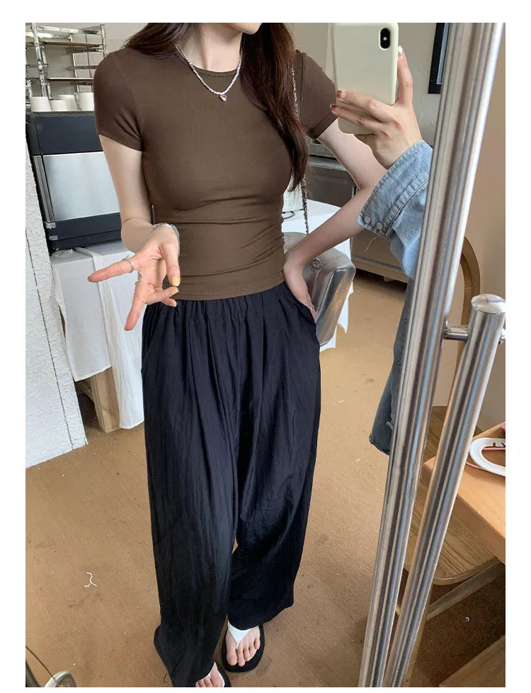 Crop Top Basique Uni Femme – Manches Courtes Col Rond Ajusté | Style Y2K Vintage Harajuku Streetwear