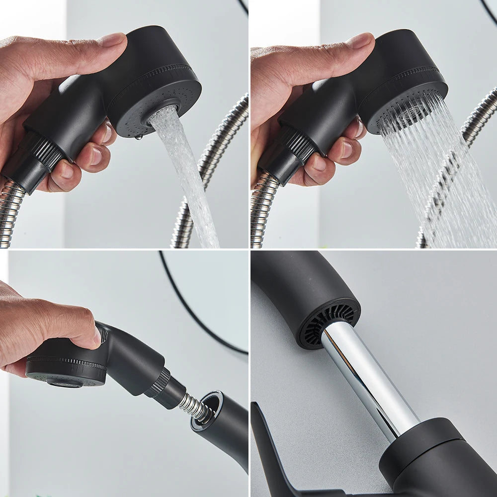 POIQIHY Robinet Lavabo Extractible Noir – Mitigeur Chaud Froid, Rotation 360°, Bec Relevable | Chrome & Noir Salle de Bain