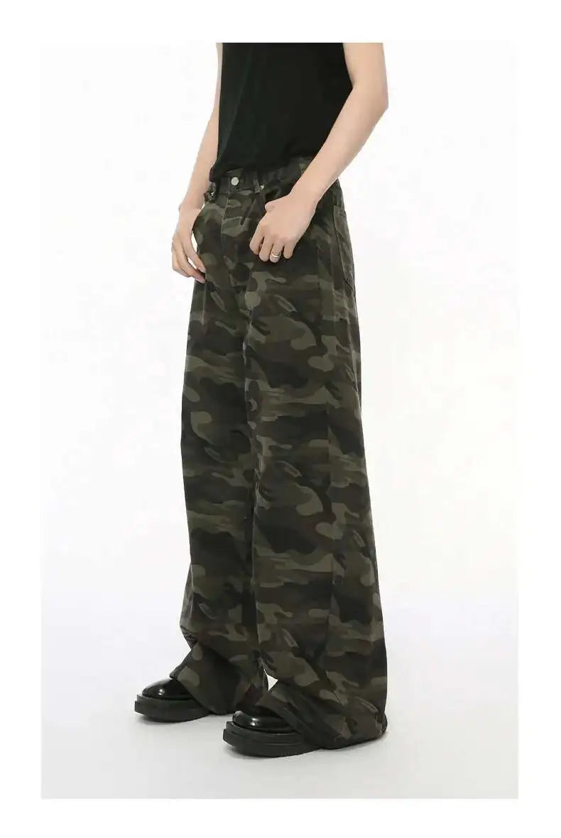 Jean für Herren, Camouflage, Vintage, Washed, weites Bein, Denim, Loose Fit, Casual, Herbst Winter, Hellblau, Streetwear, Trend, Komfortabel – Premium Camo Wide Leg Jeans | Herrenmode Denim Premium Streetwear
