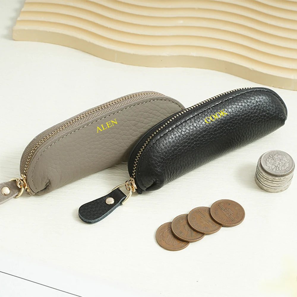 Porte-Monnaie Cuir Véritable Personnalisé – Mini Pochette Clés Rouge à Lèvres Prénom Femme Luxe