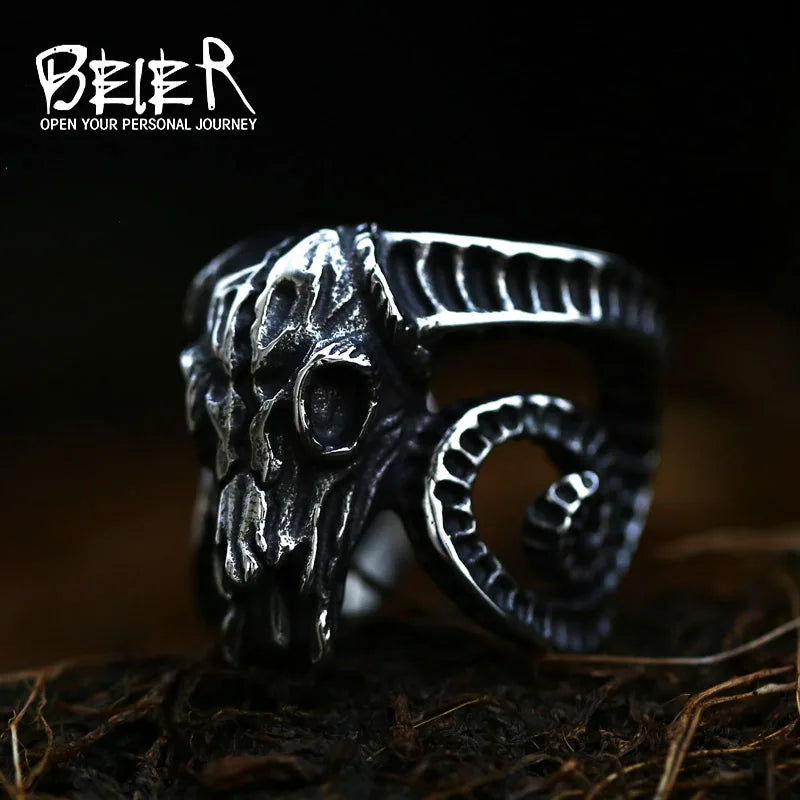 Bague Viking Tête de Bélier Acier Inoxydable 316L — Bijou Homme Vintage Ajustable