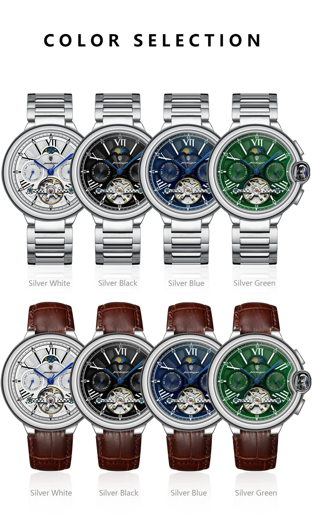 Montre Homme POEDAGAR Tourbillon Automatique Militaire – Acier Date Semaine Étanche