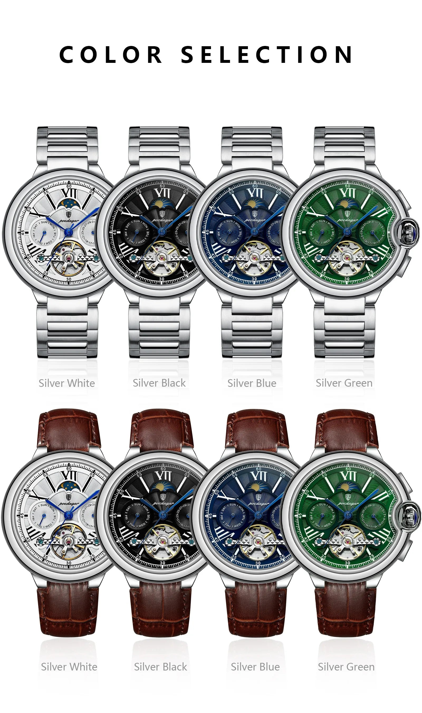 Montre Homme POEDAGAR Tourbillon Automatique Militaire – Acier Date Semaine Étanche