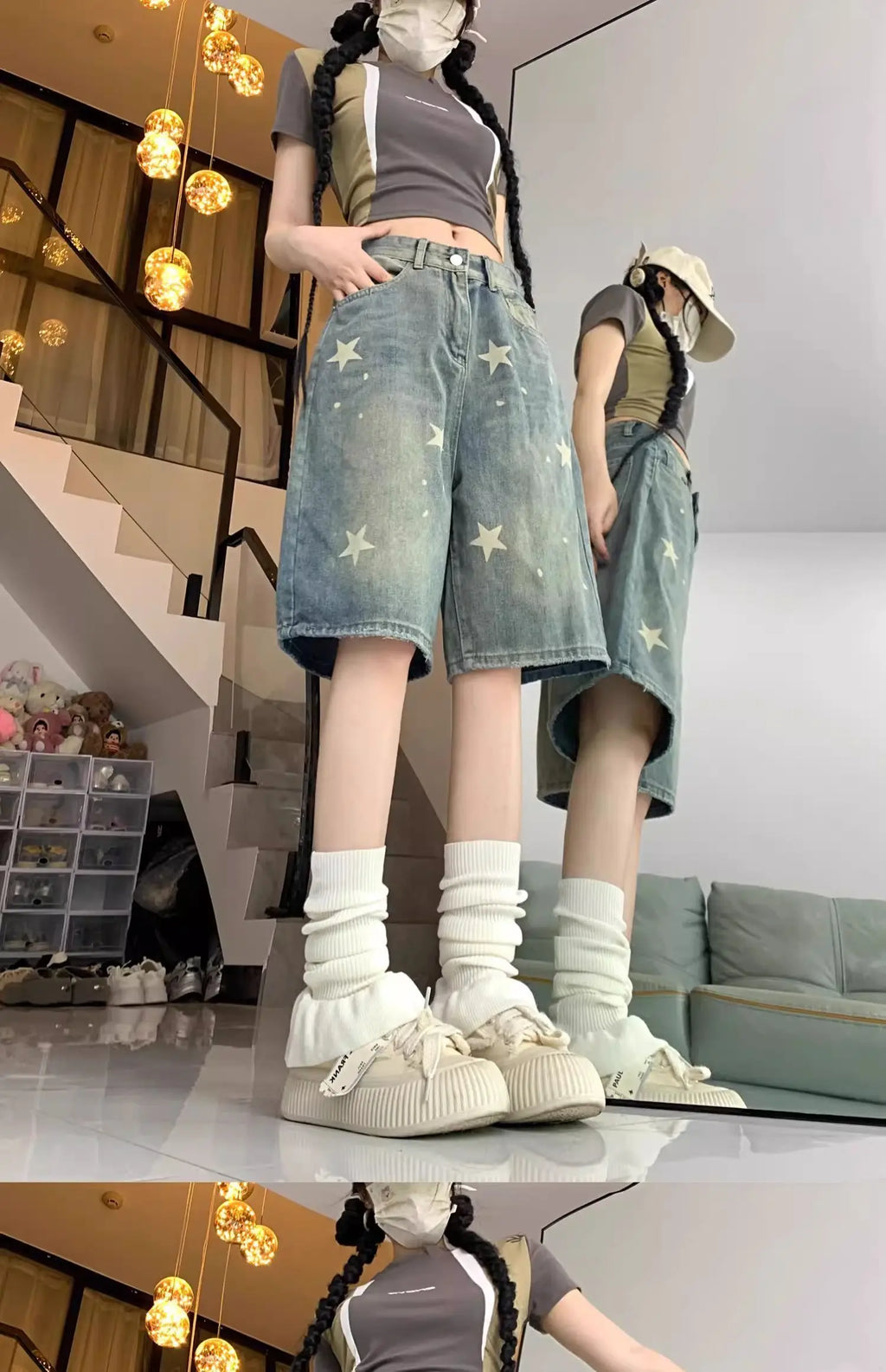 Short Jean Femme Imprimé Floral & Étoiles Style Rétro Américain – Jambe Droite Large Stretch Confortable