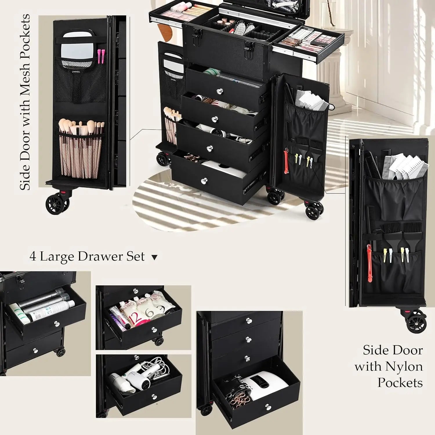 Vanity Case à Roulettes 4 Tiroirs Professionnel – Maquilleur & Coiffeur | Mallette Cosmétique Voyage