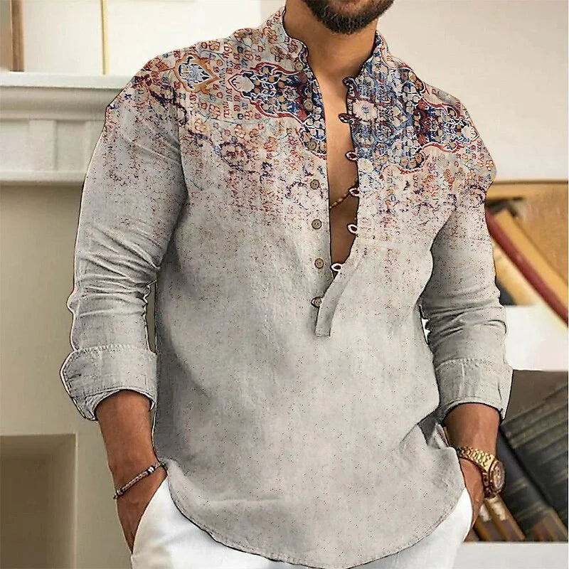 Chemise Lin Homme Cardigan Boutons Motif Tendance Coupe Slim Confortable Douce Rétro Grande Taille 6XL | Chemise Lin Rétro Premium