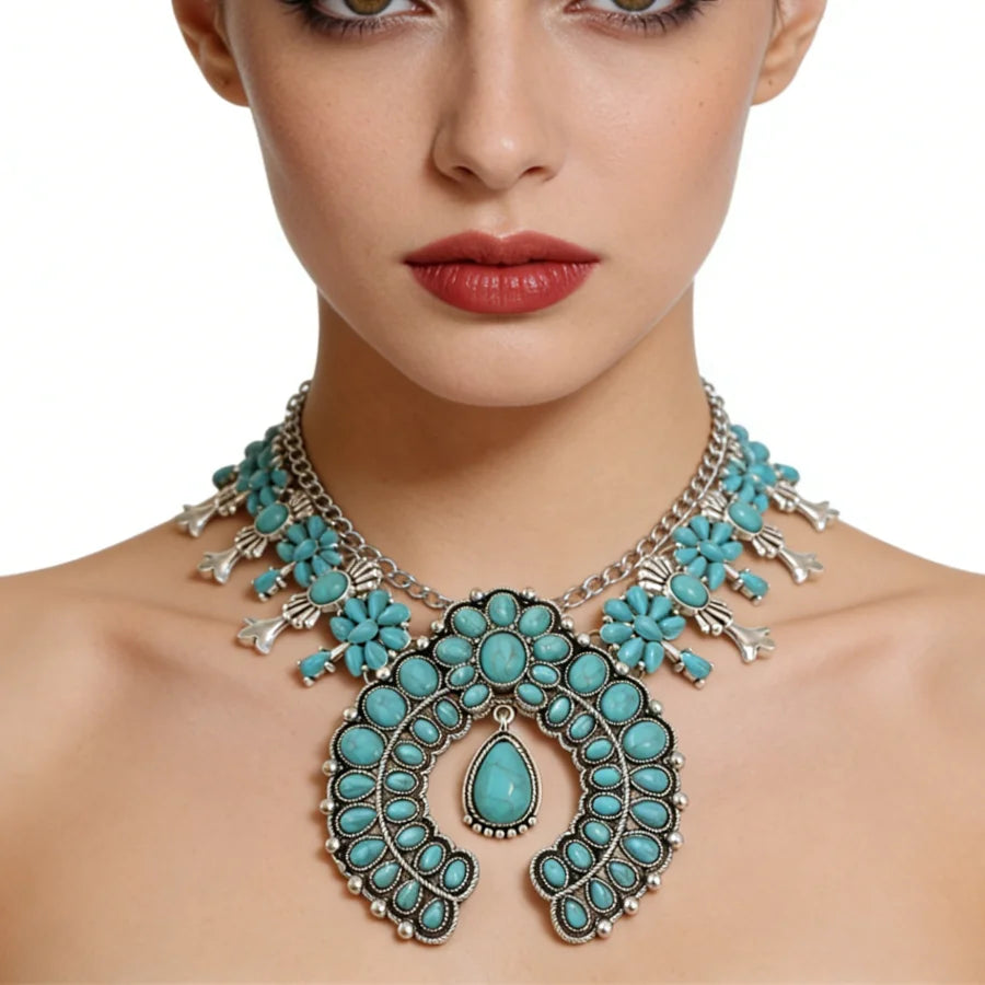 Parure Collier & Boucles Boho Ethnique Turquoise Résine – Pendentif Statement Baroque Retro | Style Indien Vintage | Bijou Femme Tendance 2026