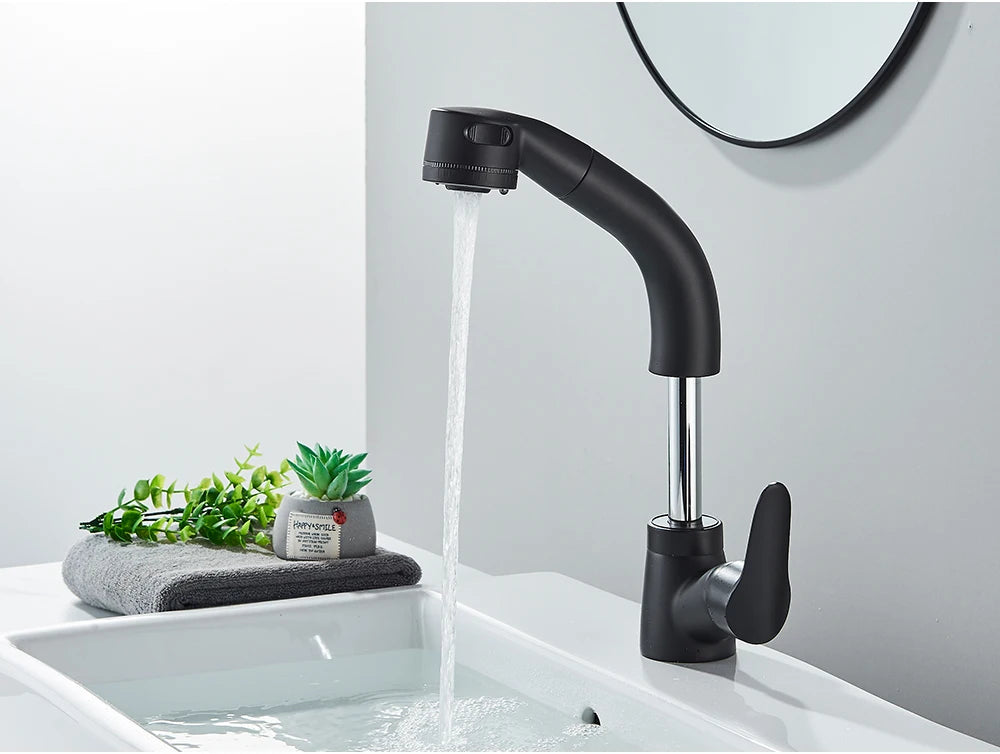 POIQIHY Robinet Lavabo Extractible Noir – Mitigeur Chaud Froid, Rotation 360°, Bec Relevable | Chrome & Noir Salle de Bain