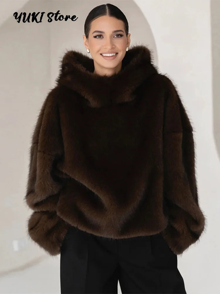 Manteau Fourrure Synthétique à Capuche Femme – Pull Oversize Chaud Marron | Mode Streetwear Automne Hiver