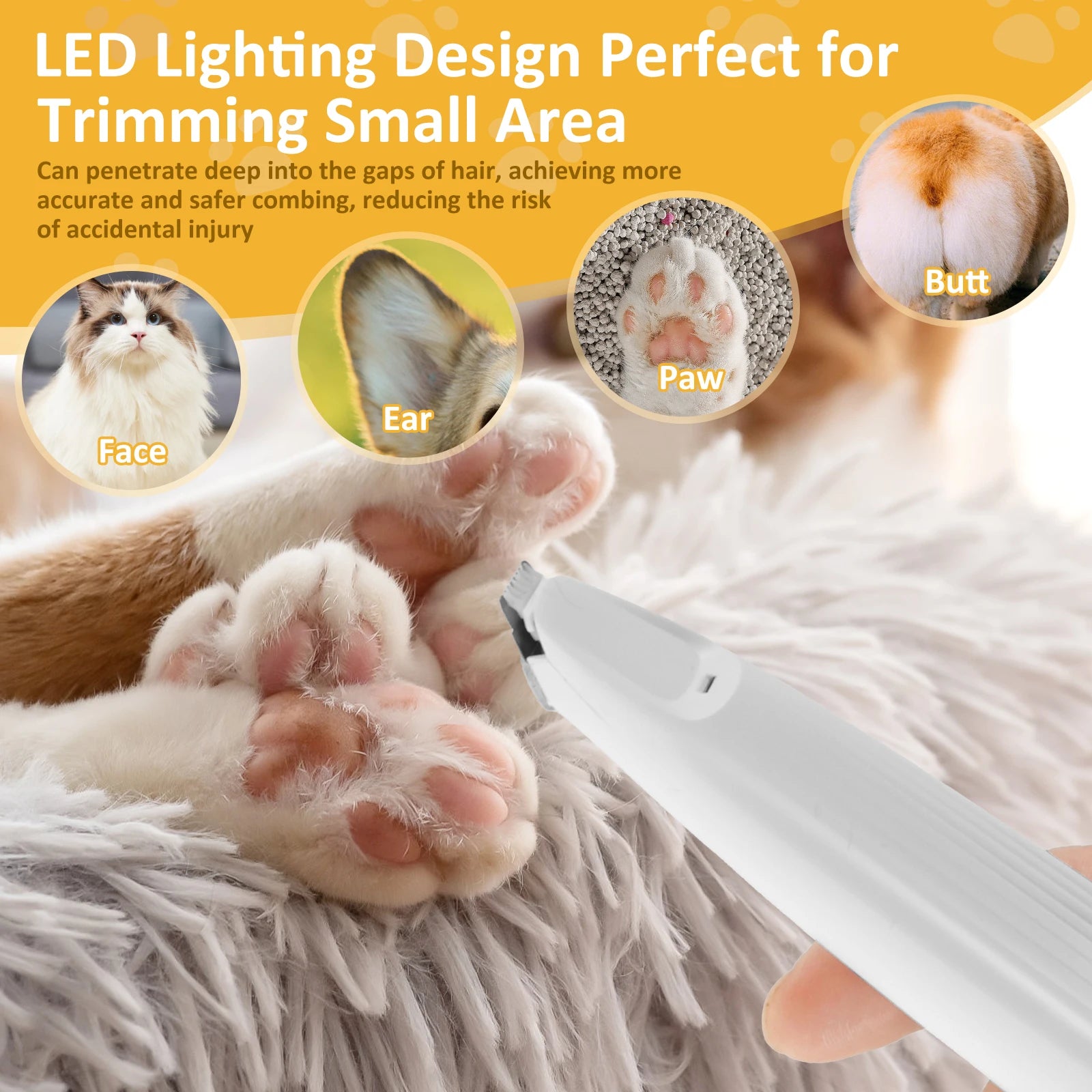 Tondeuse Pattes Chien Chat Silencieuse USB LED – Toilettage Visage Oreilles Pieds Rechargeable