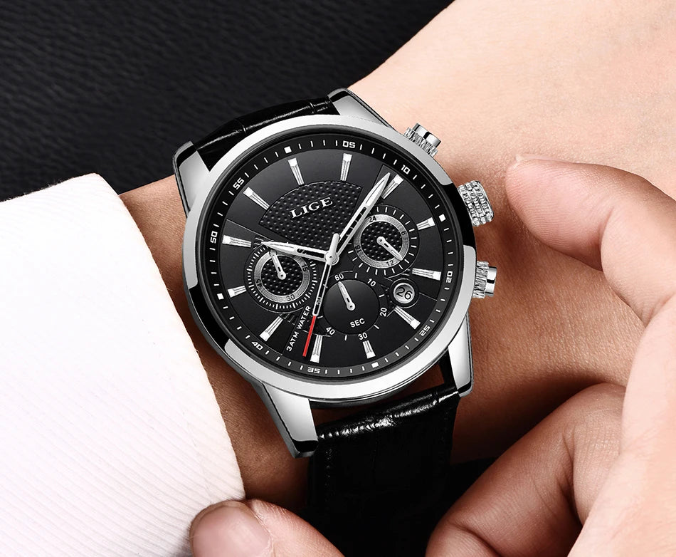 Montre Homme Luxe LIGE Chronographe Quartz Cuir – Business Sport Étanche Date 2025