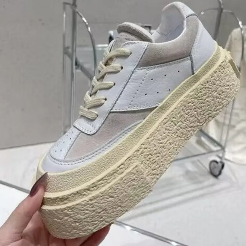 Chaussures Cuir Véritable Femme Cake Sole 2024 – Blanches Casual Élévées Sport Printemps