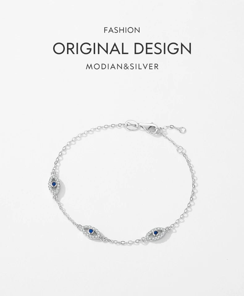 Bracelet Argent 925 Pur MODIAN Luxe – Yeux Turquoise Bleu & Zircon Cubique Cristal Transparent | Bijou Fin Femme Chaîne Maille Élégante & Hypoallergénique