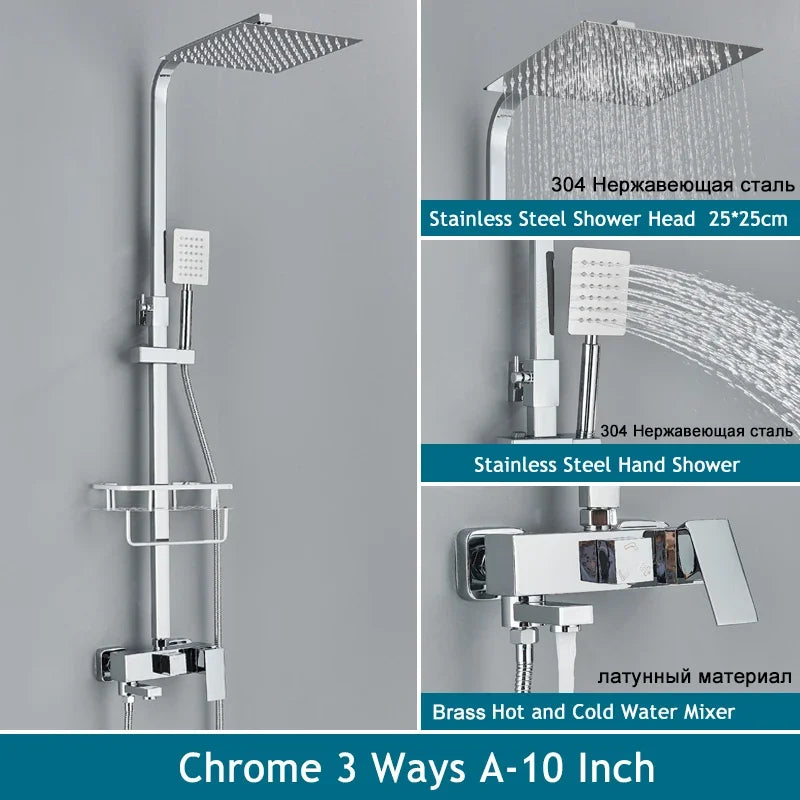 Shinesia Système Douche Pluie Mural – Noir & Chrome, 3 ou 4 Voies, Mitigeur Eau Chaude & Froide | Salle de Bain