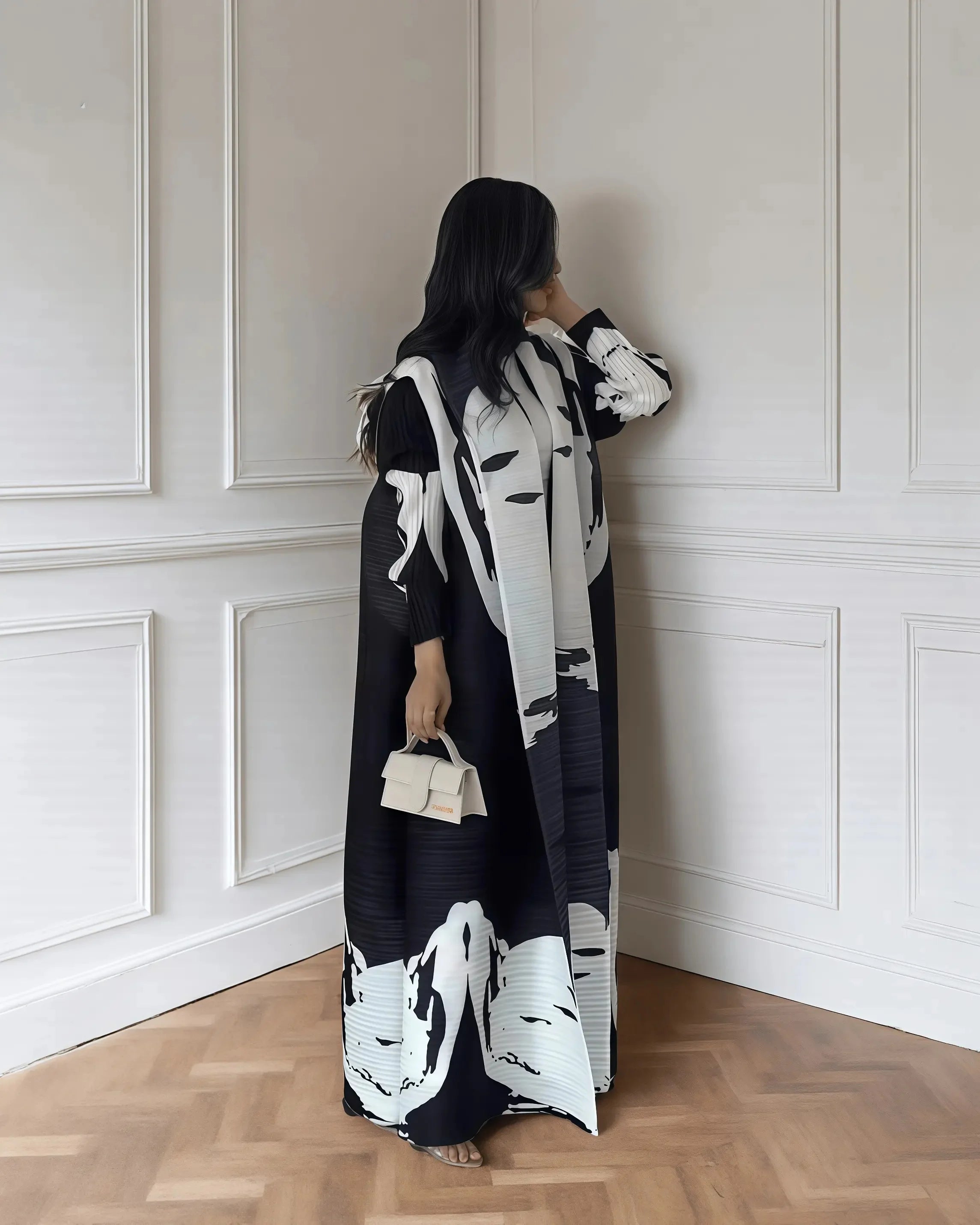 Kimono Cardigan Long Femme Abaya Imprimé Vintage Miyake Fluide Ample – Mode Modesté & Élégance