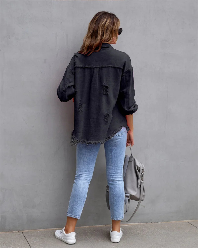 Veste en Jean Femme Bords Bruts Troués – Style Chemise Casual | Printemps Automne Tendance 2025