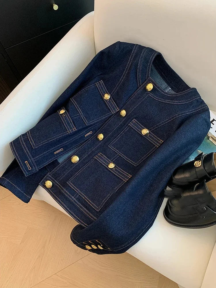 Veste Courte Femme Denim Bleu Col Rond Poches Style Coréen Ample – Mode Chic & Classique | Automne