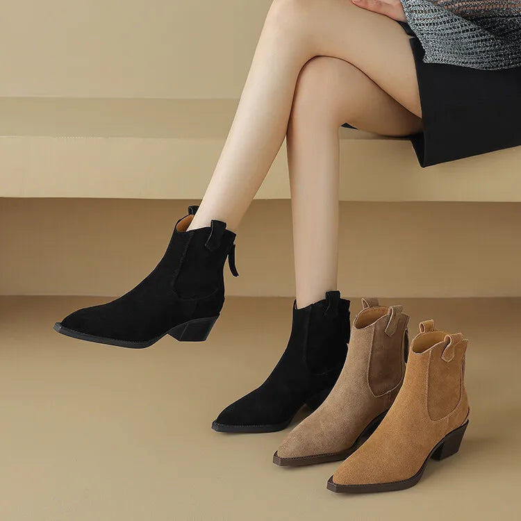 Bottes Suède Vache Chunky Heel Western Femme – Bout Pointu Noir Zip Concis Automne