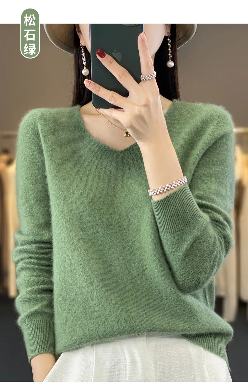Kaschmirpullover 100% Wolle V-Ausschnitt Damen - Strick Casual Korean Fashion Herbst Winter