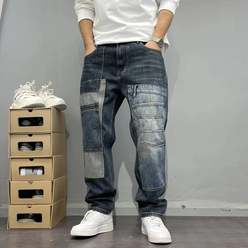 Gerade geschnittene Jeans Patchwork Streetwear 2025 – Japanische Skater-Passform mit mehreren Taschen in großen Größen