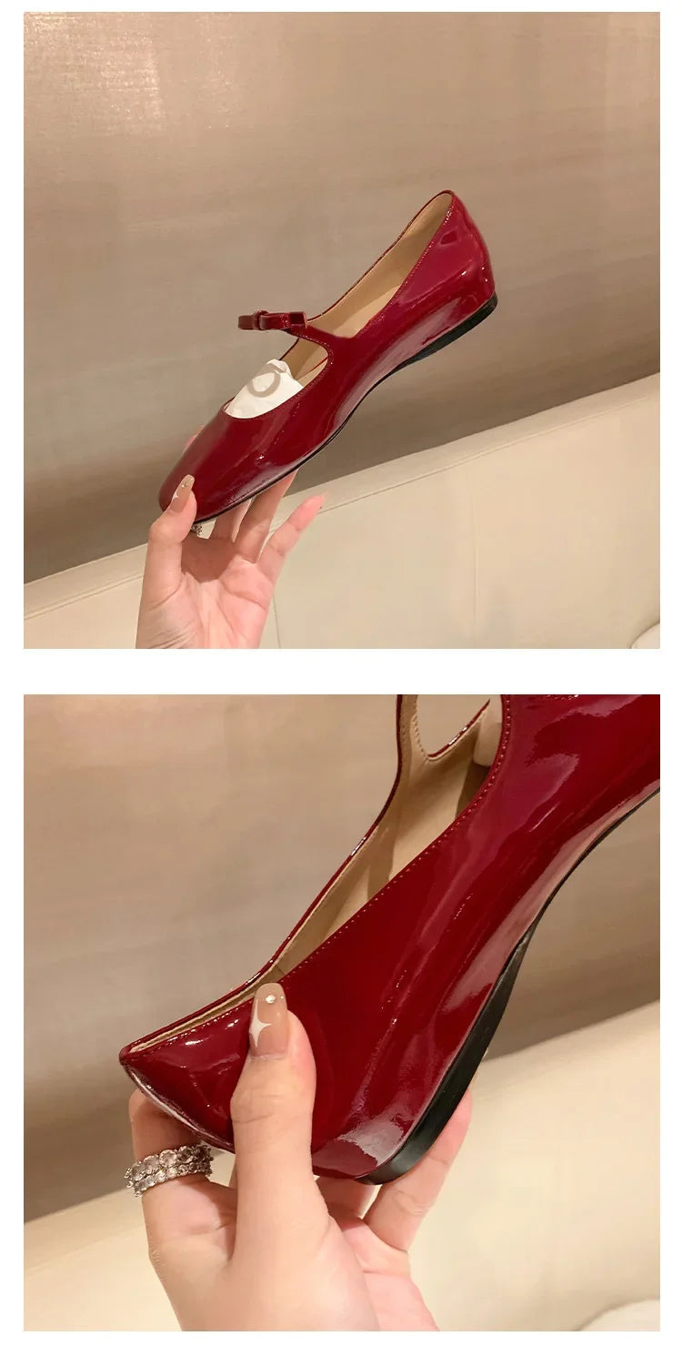 Ballerines Mary Jane Glossy Bowknot Rouge 2025 – Bout Carré Danse Mariage Bal Nuptial