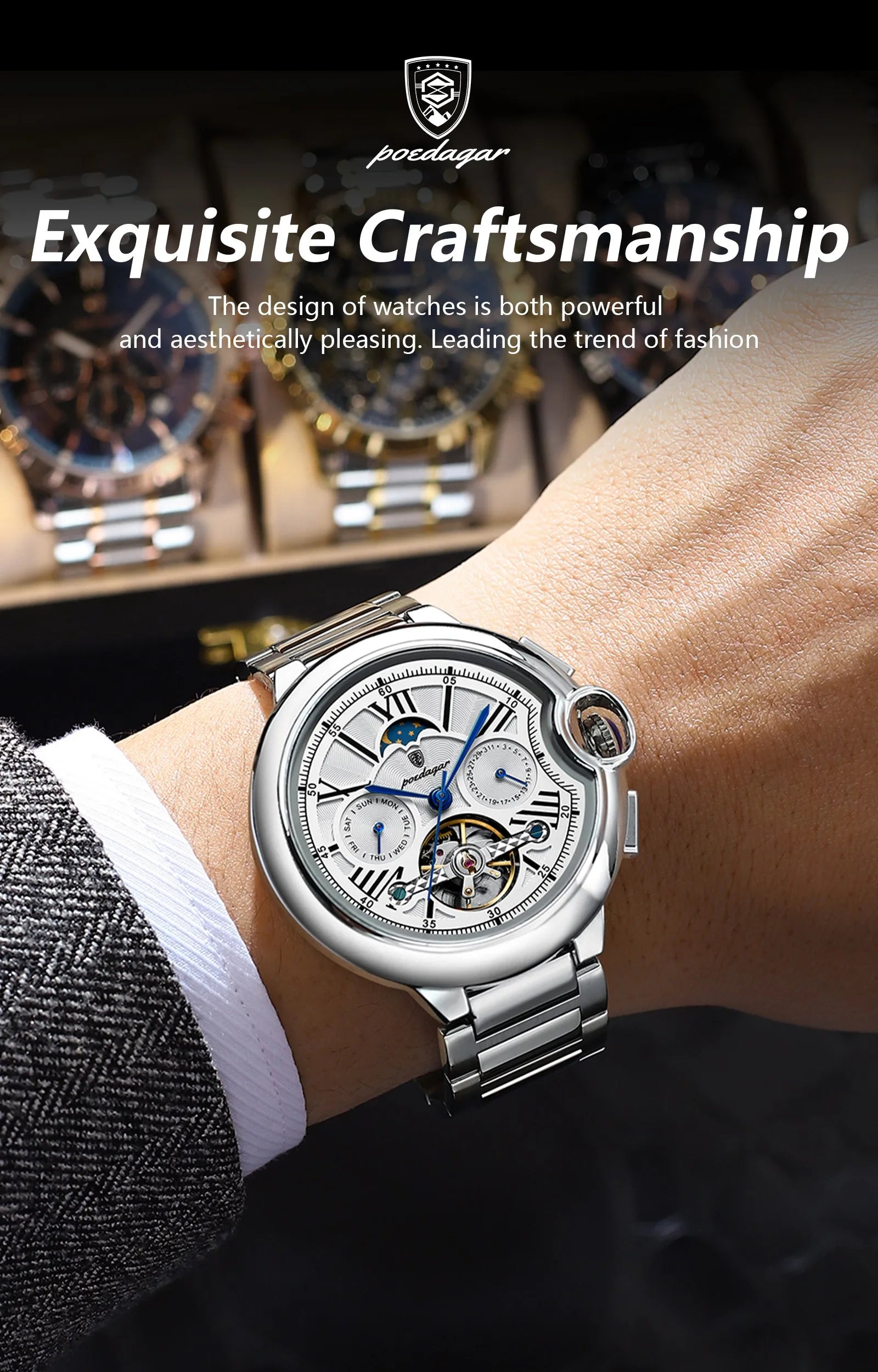 Montre Homme POEDAGAR Tourbillon Automatique Militaire – Acier Date Semaine Étanche