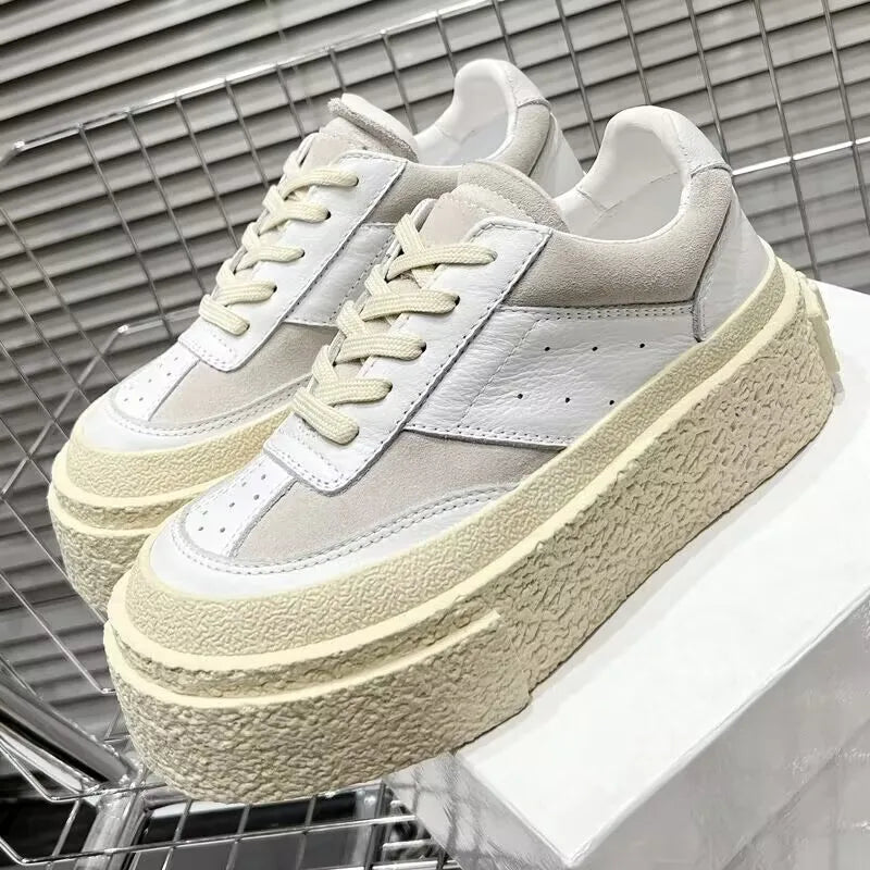 Chaussures Cuir Véritable Femme Cake Sole 2024 – Blanches Casual Élévées Sport Printemps