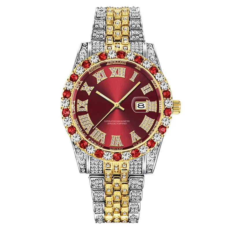 Montre Homme Hip Hop Diamant Fashion Bracelet Alliage Dorée Luxe Date Quartz Tendance Streetwear Bling | Montre Hip Hop Diamant Dorée Premium