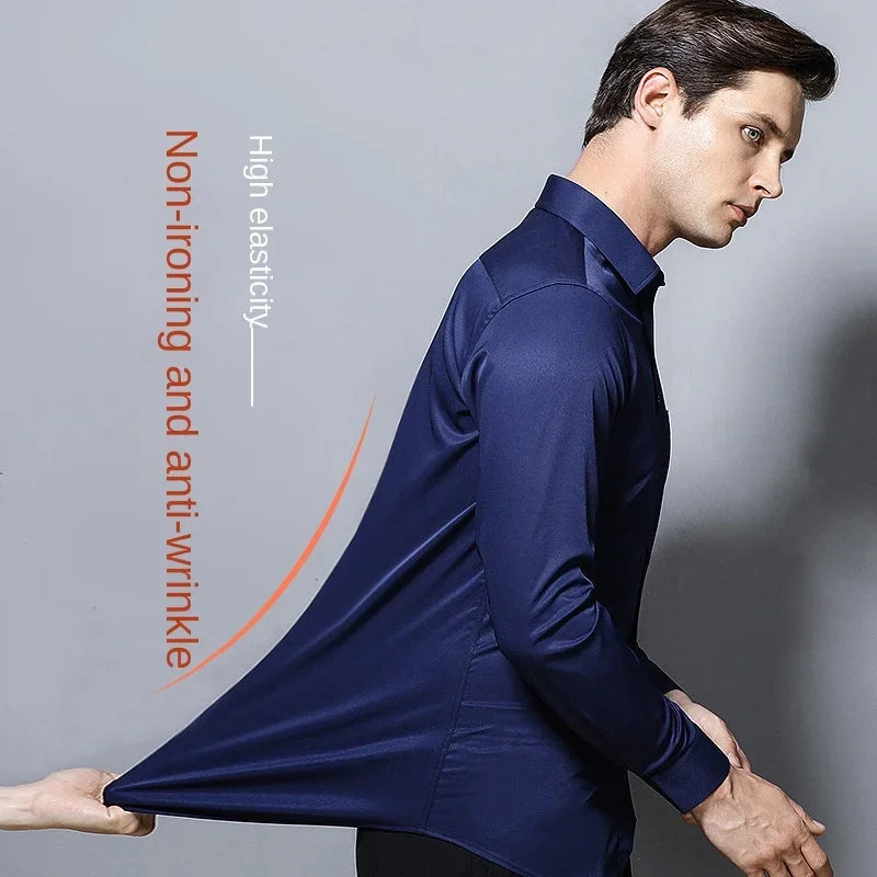 Chemise Homme Manches Longues Élastique Col Mao Sans Repassage – Tenue Professionnelle Business Dress Élégante | Mode Homme Premium