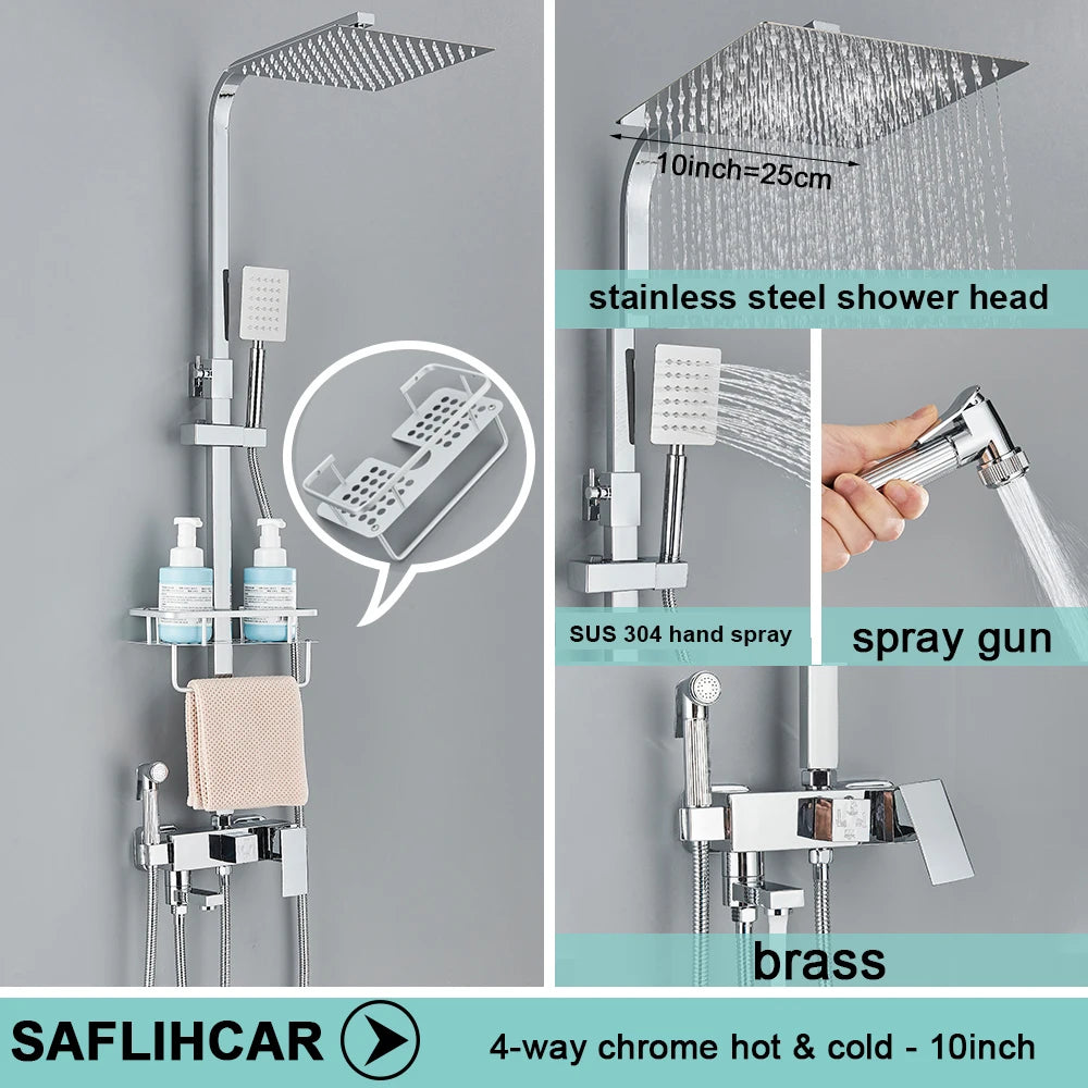 Ensemble Douche Pluie Mural Noir & Chrome Laiton – Étagère Offerte, Mitigeur Eau Chaude & Froide | Système Complet Salle de Bain